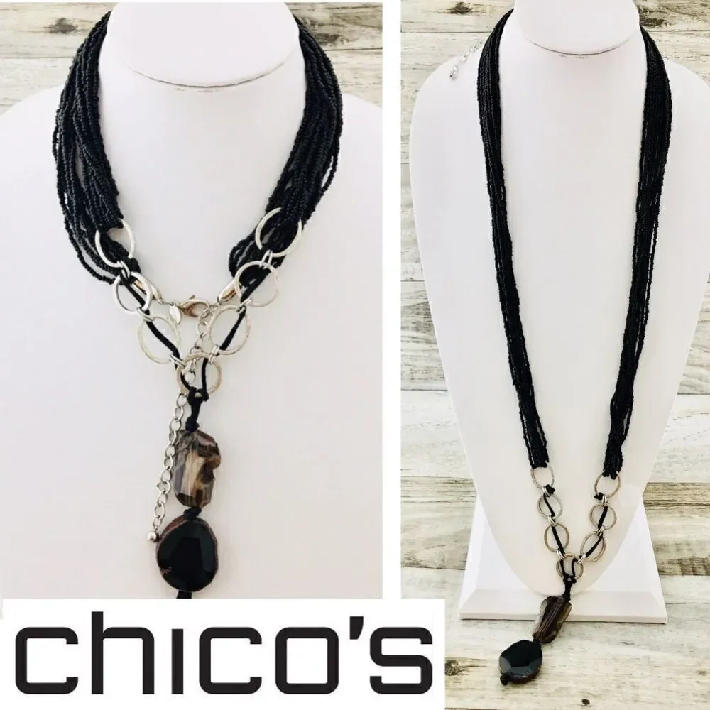 Stunning Chico’s chunky Seed Beads Gemstone Necklace Black Silver 4458